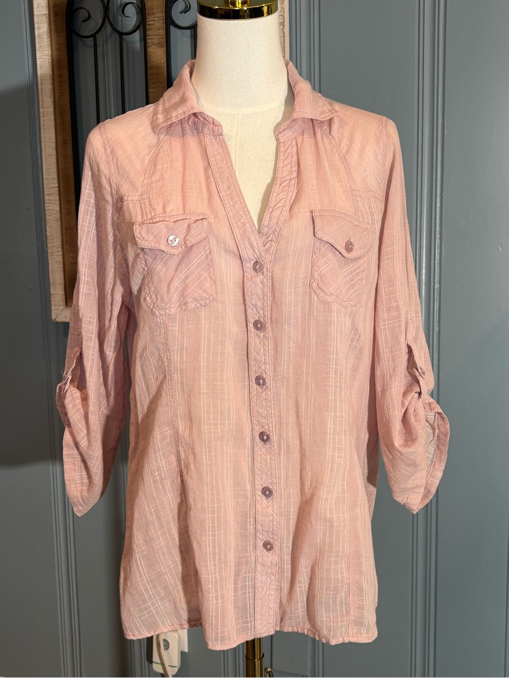 Love+Fate Sexy Sheer Western Pink Windowpane 100% Cotton India Woven Collared PL